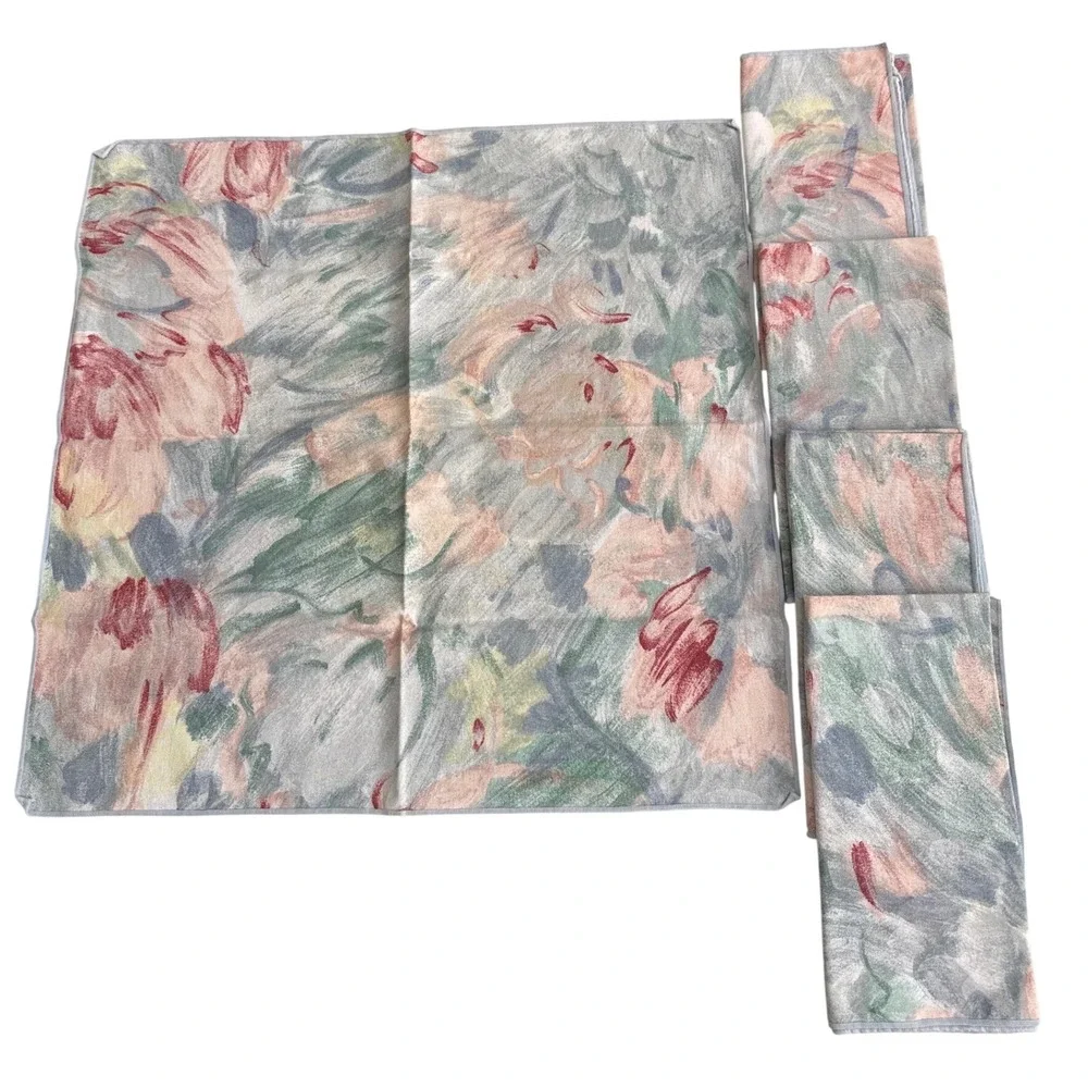 Vintage Impressionist Floral Napkins Set of 5 Watercolor Pastel Table Linens